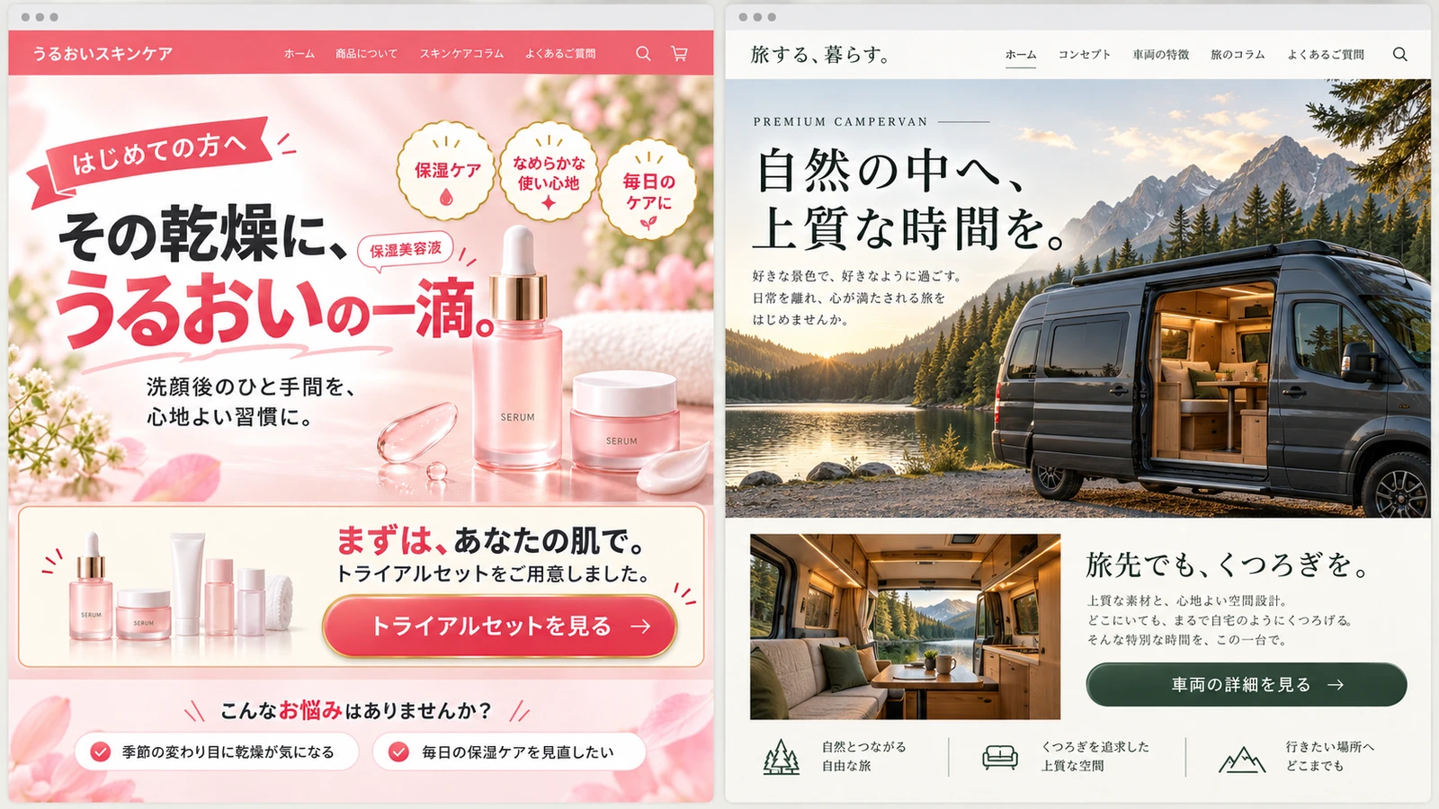 LPの制作イメージ。ピンクの美容液とトライアルセットを紹介する化粧品サイトと、湖畔の車両と上質な車内を紹介するキャンピングカーサイトを並べた2画面